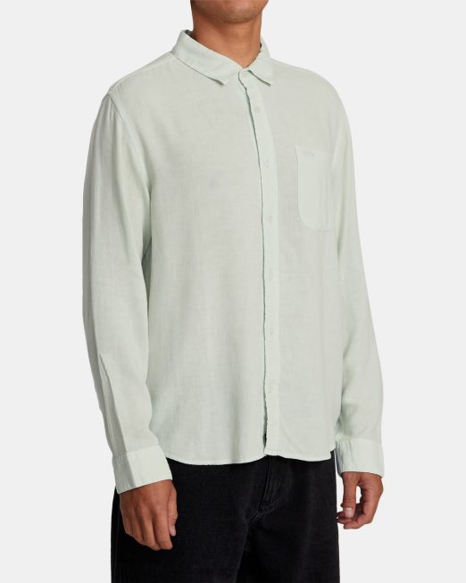 R422N81059 Πλεκτό υφαντό μακρυμάνικο πουκάμισο RVCA άνδρες πράσινο τσάι είδη ένδυσης